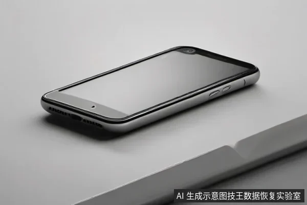 一部黑色边框的智能手机平放在浅灰色桌面上，屏幕处于关闭状态，机身侧面按键与底部扬声器孔清晰可见，旁边有一条浅色边缘。