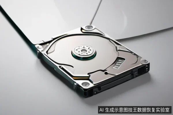 桌面上放置一块顶盖已打开的机械硬盘,可见金属盘片与中心主轴,背景为一台笔记本电脑。