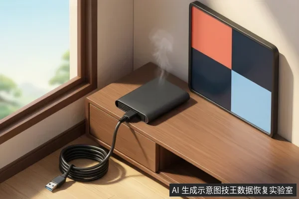 木质桌面上放置着一个黑色外置硬盘,硬盘上方有烟雾升起,硬盘通过USB数据线连接至旁边的显示设备。