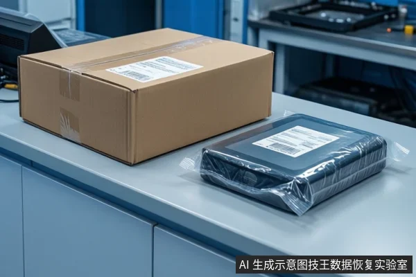 灰色工作台上放置一个贴有标签的棕色纸箱，旁边是一个用透明塑料袋封装的黑色移动硬盘，背景为实验室设备。