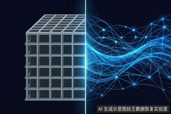 画面左侧为灰色网格状立方体结构,右侧为蓝色发光节点与连线构成的神经网络示意图,中间以亮线分隔。