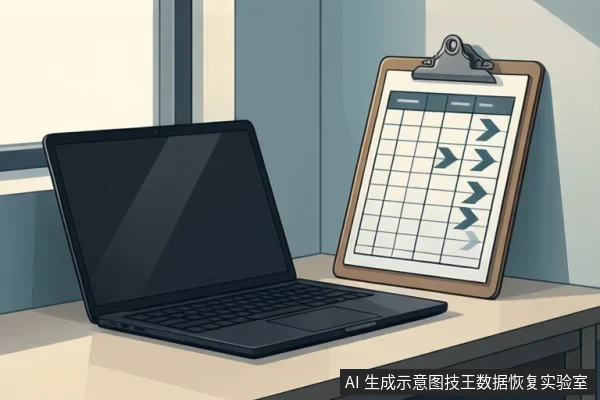 桌面上放着一台打开的黑色笔记本电脑,旁边立着一个带夹子的写字板,上面有一张带有表格和箭头的纸。