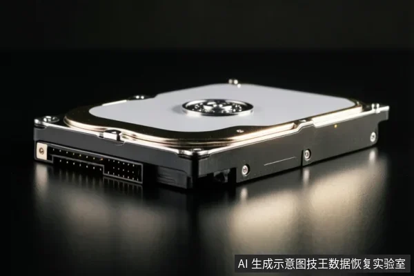 黑色反光台面上放置一块闭合的机械硬盘,可见金属顶盖、中心主轴盖和侧面的数据与电源接口,背景为纯黑。