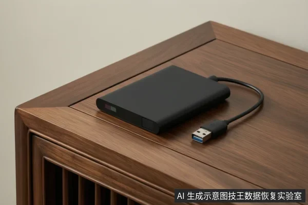 黑色移动硬盘平放在木桌角上,一端连着黑色USB线,USB-A插头悬空搁在桌面,硬盘侧面可见红绿指示灯。