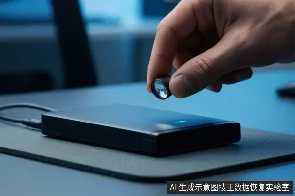A hand holding a small circular object above a black external drive connected by a cable.
