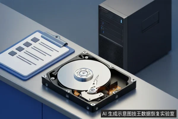 桌面上放置一块开盖机械硬盘,盘片与磁头臂裸露,左侧为带线条的蓝色记录夹板,右后方是一台黑色台式主机。