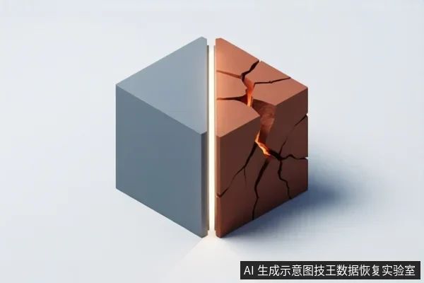 一个立方体被垂直分割为两半，左侧为光滑灰色表面，右侧为红褐色且布满裂纹，裂缝中透出橙黄色光芒。