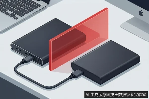 Two black portable hard drives connected by a cable with a red translucent barrier between them.
