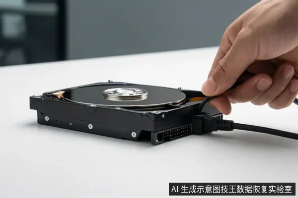 白色桌面上放置一块打开顶盖的机械硬盘，可见盘片与主轴，一只手正将黑色线缆插入硬盘侧面的接口。