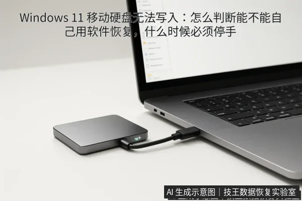文章内容场景示意图：Windows 11 移动硬盘无法写入：怎么判断能不能自己用软件恢复，什么时候必须停手
