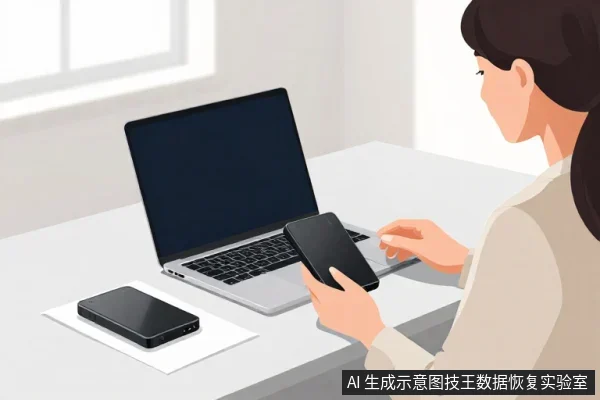 一名女性坐在桌前，手持黑色手机，面前放着一台打开的笔记本电脑，桌上另有一部平放的手机。