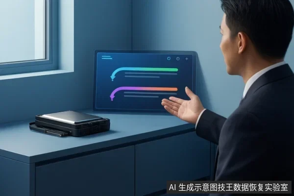 穿西装的亚洲男性站在桌边，伸手朝向一块悬浮蓝色屏幕，屏幕显示带箭头的彩色线条，桌上放着一台黑色外置移动硬盘。
