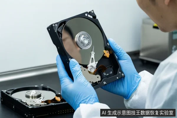 穿白色工作服、戴蓝色手套的亚洲成年人双手持打开的机械硬盘，露出盘片与磁头组件，桌面另有一块拆开的硬盘。