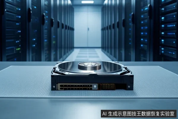 服务器机房通道背景前,一张灰色桌面上放置着一块打开顶盖的机械硬盘,可见盘片、主轴和接口。