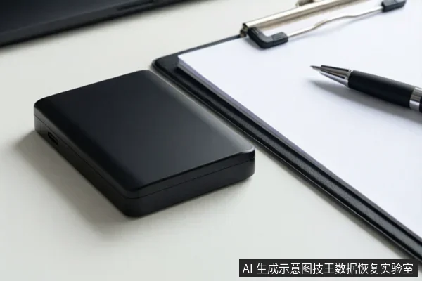 白色桌面上放置一个黑色移动硬盘,旁边有写字夹板和一支笔,未显示连接线缆或电脑。