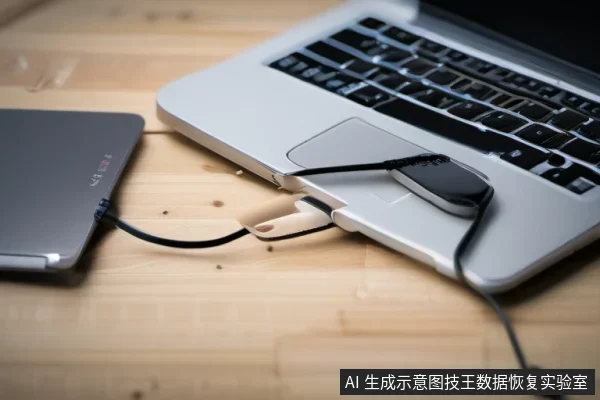 木质桌面上放着一台打开的笔记本电脑,机身侧面插着U盘和带线设备,左侧一台移动硬盘通过黑色数据线连接到电脑接口。