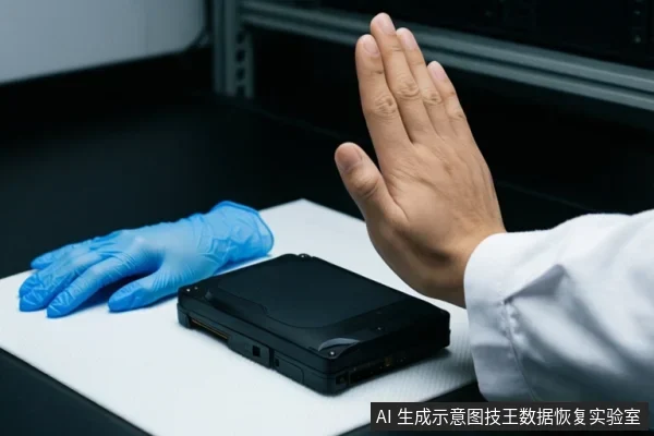 白色台面上放着一只蓝色手套和一个黑色移动硬盘,一只穿白袖的手掌在硬盘上方做出停止手势。
