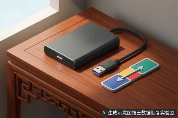木桌上放深灰色移动硬盘，前端白色指示灯亮，连着一根USB线，USB-A插头悬空未插，旁边有带箭头的彩色示意块。