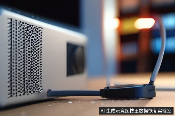 一台带散热孔的电脑主机旁,桌面上放着一个连接线缆的黑色移动存储设备,背景为模糊的灯光环境。