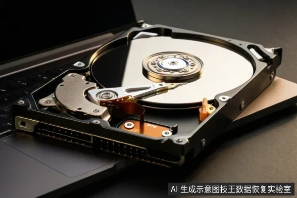 An open 3.5-inch hard disk drive with visible platters and actuator arm resting on a laptop.
