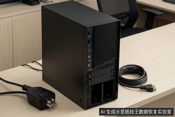 办公桌上黑色台式主机正面朝外,左侧桌面放一个三脚电源插头未接墙,右侧盘绕一根SATA数据线