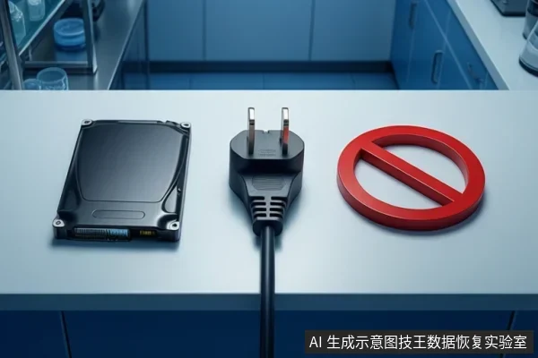 台面上放着一块打开外壳的机械硬盘,露出盘片与接口,中间是一个未插入插座的两脚电源插头,右侧为红色禁止符号。