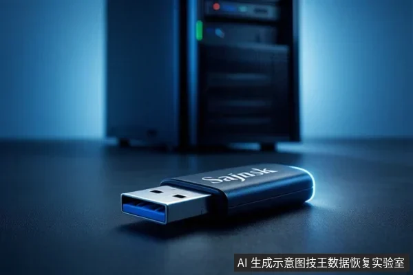 画面前景为一只黑色金属外壳的USB闪存盘，平放在深色桌面上，USB接口处可见蓝色塑料片；背景虚化，隐约可见一台立式电脑主机。