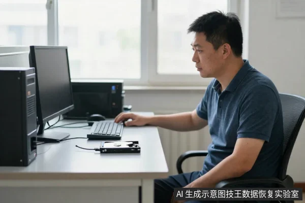 一名亚洲男子坐在办公桌前,右手放在键盘上,面前有显示器、台式主机和连接着数据线的外置硬盘。