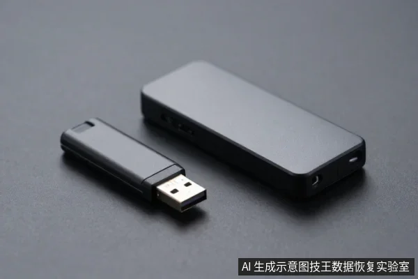 黑色U盘与一个黑色长条形USB设备并排放在深色桌面上,U盘金属插头朝向镜头。