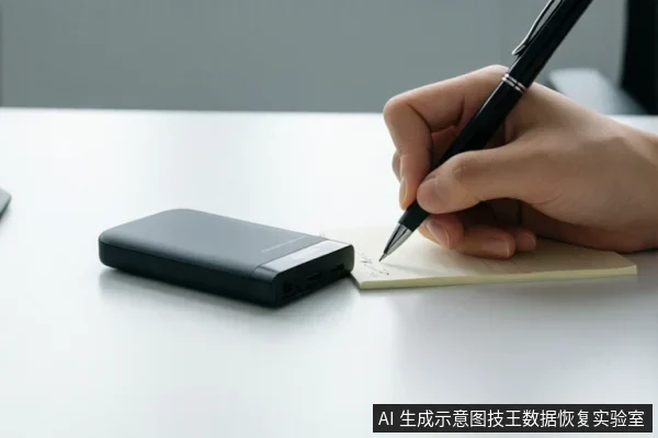 白色桌面上放着一个黑色移动硬盘,右侧一只手正用黑色钢笔在便签纸上书写。