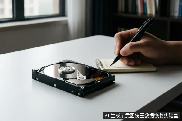白色桌面上放置一块打开的机械硬盘,旁边有笔记本和笔,一只手正在记录。