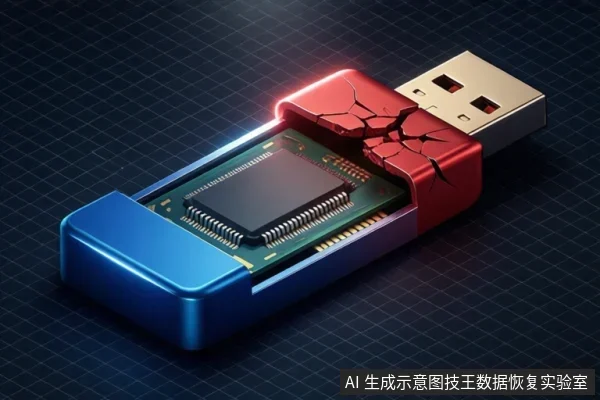 剖开的U盘示意图，红色外壳开裂，露出绿色电路板与中央芯片，背景为深色网格。
