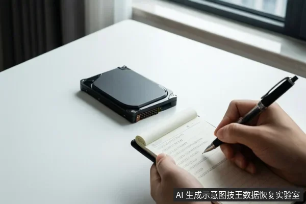 白色桌面上放置一块裸露的机械硬盘，旁边有一本打开的笔记本，一双手正用笔在纸上记录信息。