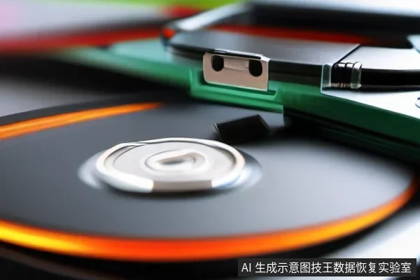特写画面中,前景是一片带橙色光晕的裸露硬盘盘片,中心有金属主轴;后方斜放着一个带USB接口的绿色移动存储设备,背景虚化。