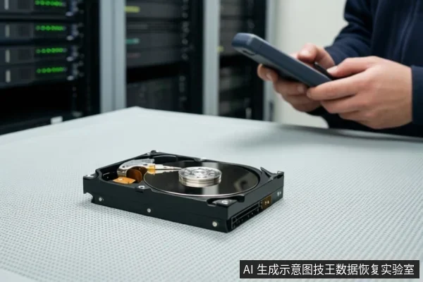 桌面上放置一块打开外壳的机械硬盘,可见盘片与磁头组件;背景为服务器机柜,一人手持手机。