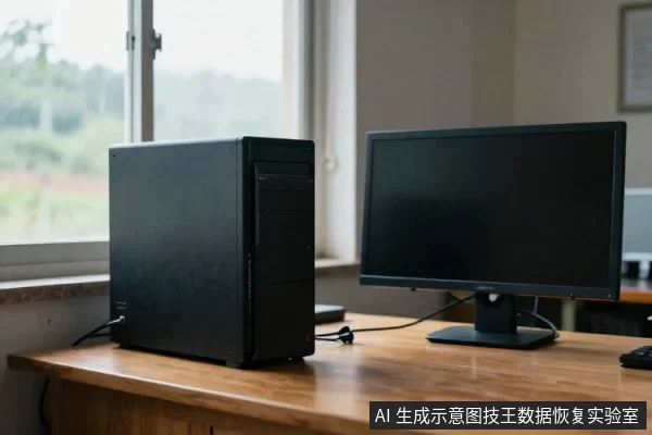 木质桌面上摆放着一台黑色台式电脑主机和一台黑色显示器，两者通过线缆连接，背景是窗户和窗外景色。