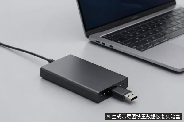 深灰色外置移动硬盘通过数据线连接,侧面USB接口插有U盘,旁边是一台打开的笔记本电脑。