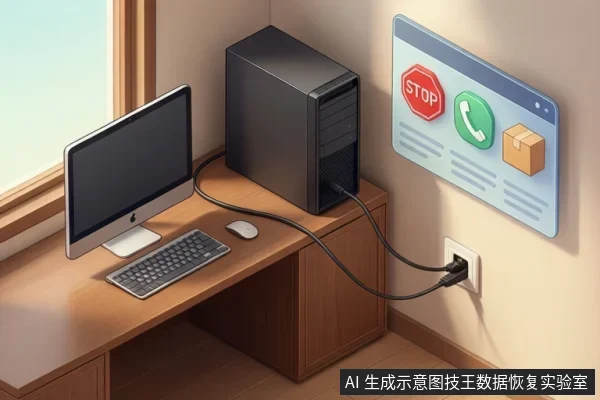 木桌上放一体机、键盘鼠标与黑色主机，主机电源线插入墙插，右侧悬浮图板含STOP、电话与纸箱图标