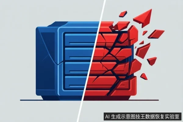 一个蓝红双色硬盘被白色斜线分割,右侧红色部分布满裂纹并有碎片飞溅,左侧蓝色部分保持完整。