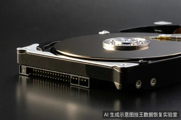 画面中是一块打开外壳的机械硬盘，可见金属盘片、中心主轴和读写磁头臂，前端有SATA数据与电源接口，放置在黑色反光台面上。