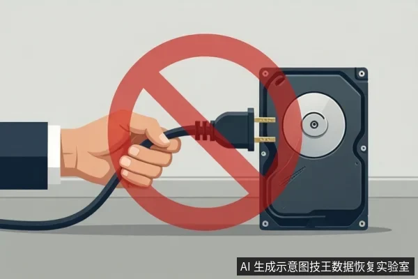 插画中一只手握着电源插头,准备插入一块竖立的硬盘,画面中央覆盖红色禁止符号,表示禁止通电。