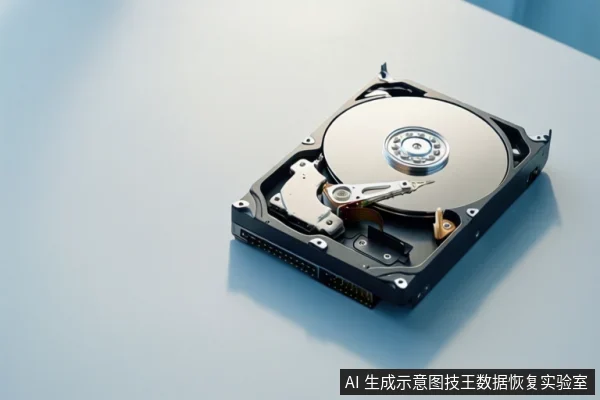 An open mechanical hard drive with a visible platter and actuator arm on a light blue surface.