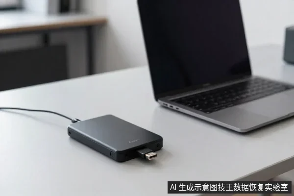 灰色桌面上放着一台银色笔记本电脑和一个黑色移动硬盘,硬盘通过数据线连接,并插着一个USB设备。