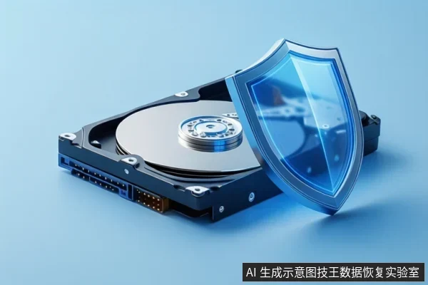 蓝色背景上展示一个打开的机械硬盘,盘片与主轴清晰可见,旁边立着一面半透明蓝色盾牌,象征数据保护。