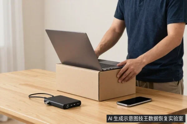 一名男子站在木桌前，双手将一台笔记本电脑放入打开的纸箱中，桌上放有移动电源和手机。