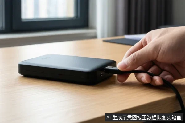 一只手正将USB数据线插入放置在木桌上的黑色移动硬盘侧面接口，背景为室内窗边环境。