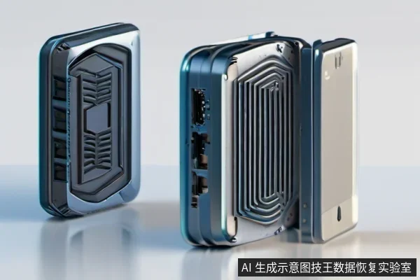 画面展示两个深色外置存储设备，左侧机身露出带线圈状结构的内部组件，右侧设备侧面带有接口开孔，旁边立着一块白色外壳面板。