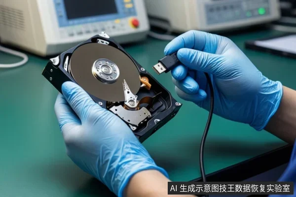 戴蓝色手套的双手在绿色工作台上持一块打开的机械硬盘,另一手握USB线,背景有测试仪器。