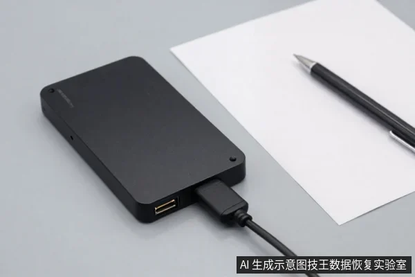 灰色桌面上放着一个黑色长方形外置硬盘盒，侧面USB接口连着一根黑色数据线，旁边有白纸和一支笔。