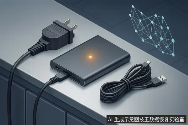 桌面上放置一个亮着橙色指示灯的黑色移动硬盘，前端连接USB线，旁边盘绕一根USB数据线和一个两脚电源插头，右上角有蓝色网络节点图形。